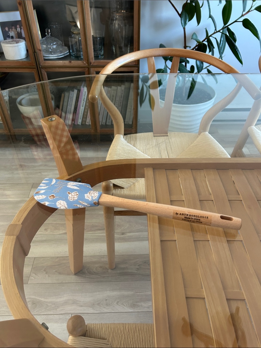 New Anthropologie Blue Floral Silicone Spatula with Wooden Handle